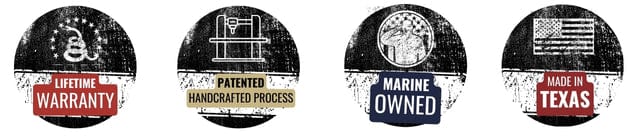 Symbols for lifetime warranty, patented handcrafted process, marine owned, and made in Texas