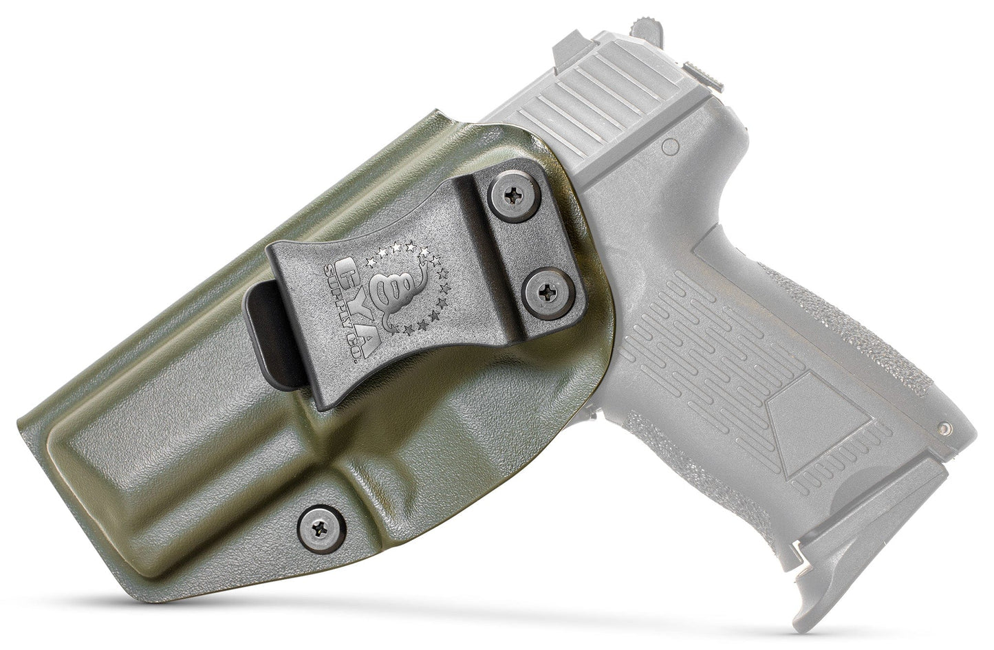 CYA od green Base IWB holster with a black clip on a black hk p2000 handgun