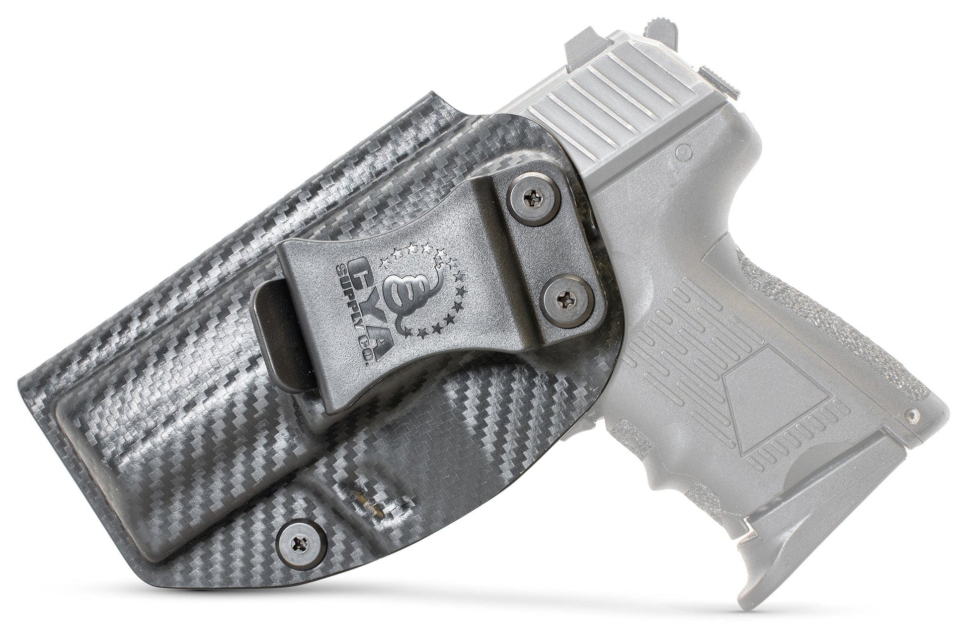 CYA carbon steel Base IWB holster with a black clip on a black hk p2000 handgun