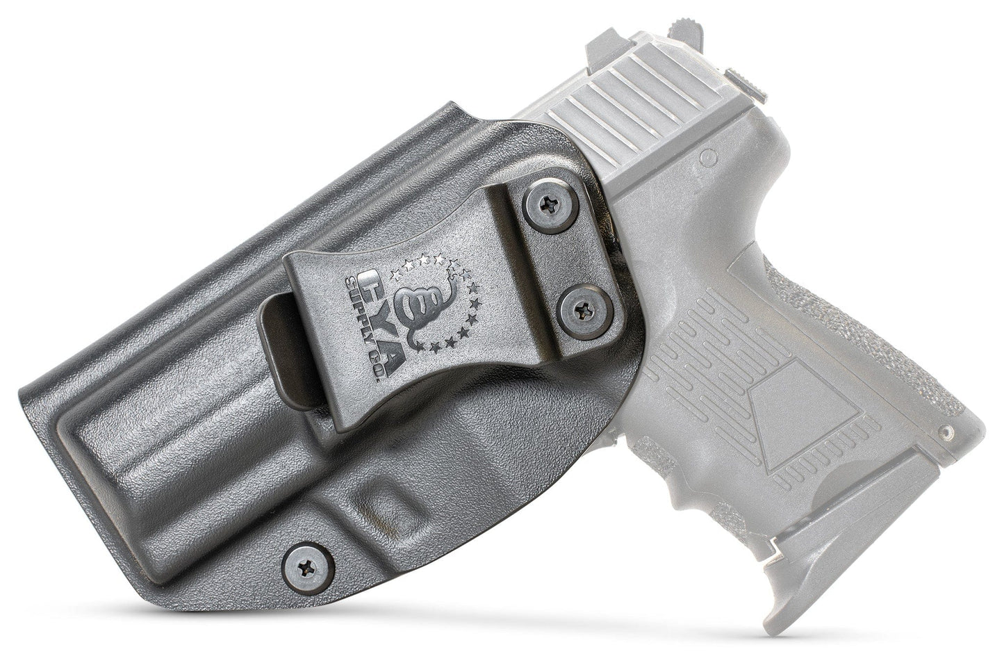 CYA black Base IWB holster with a black clip on a black hk p2000 handgun