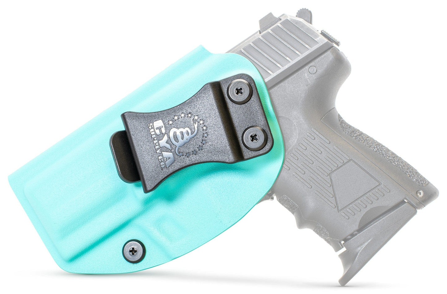 CYA teal blue Base IWB holster with a black clip on a black hk p2000 handgun