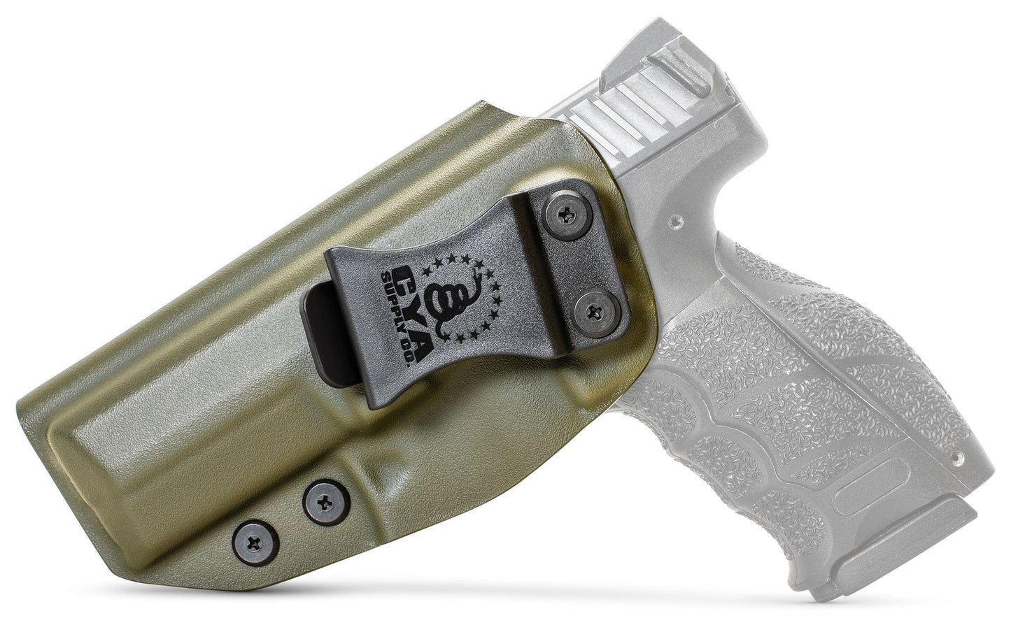 CYA od green Base IWB holster with a black clip on a black hk vp9 handgun