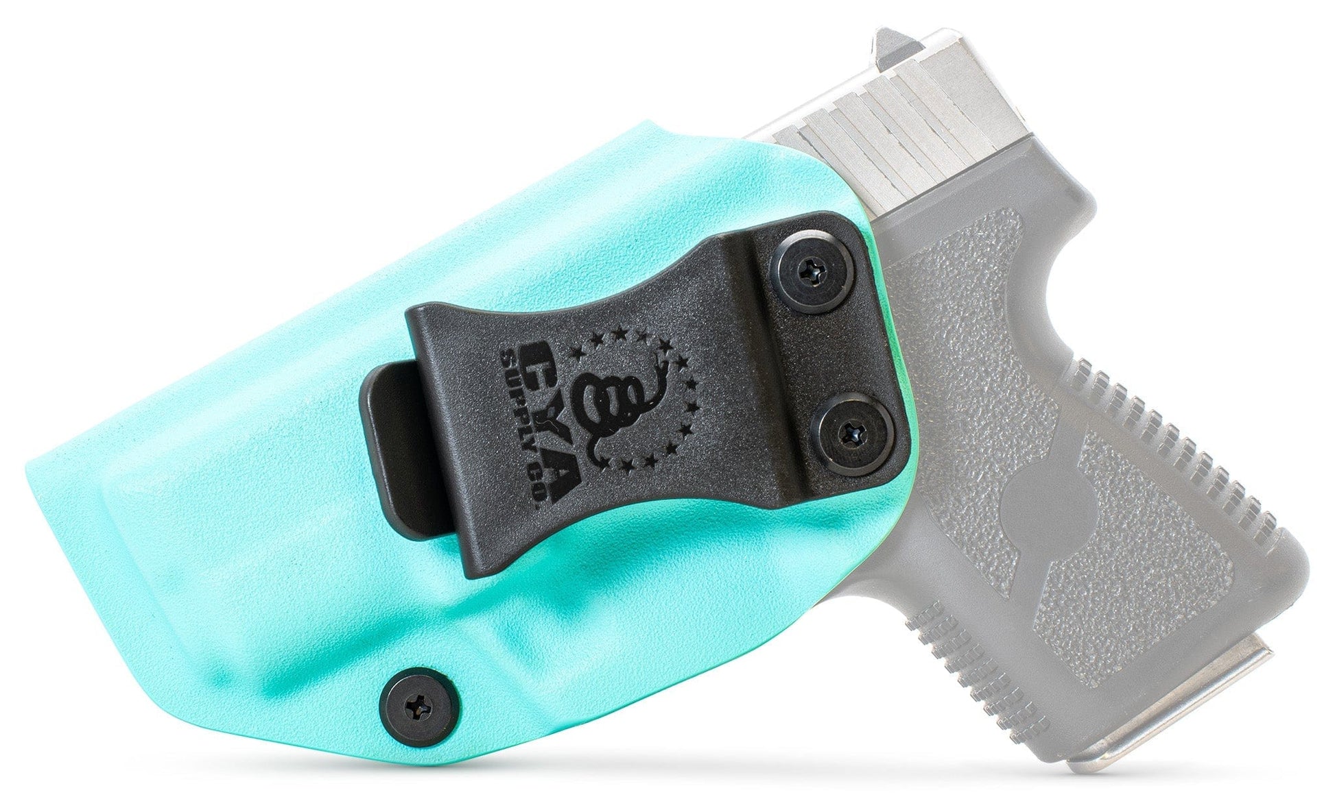 CYA teal blue Base IWB holster with a black clip on a black kahr pm9 handgun