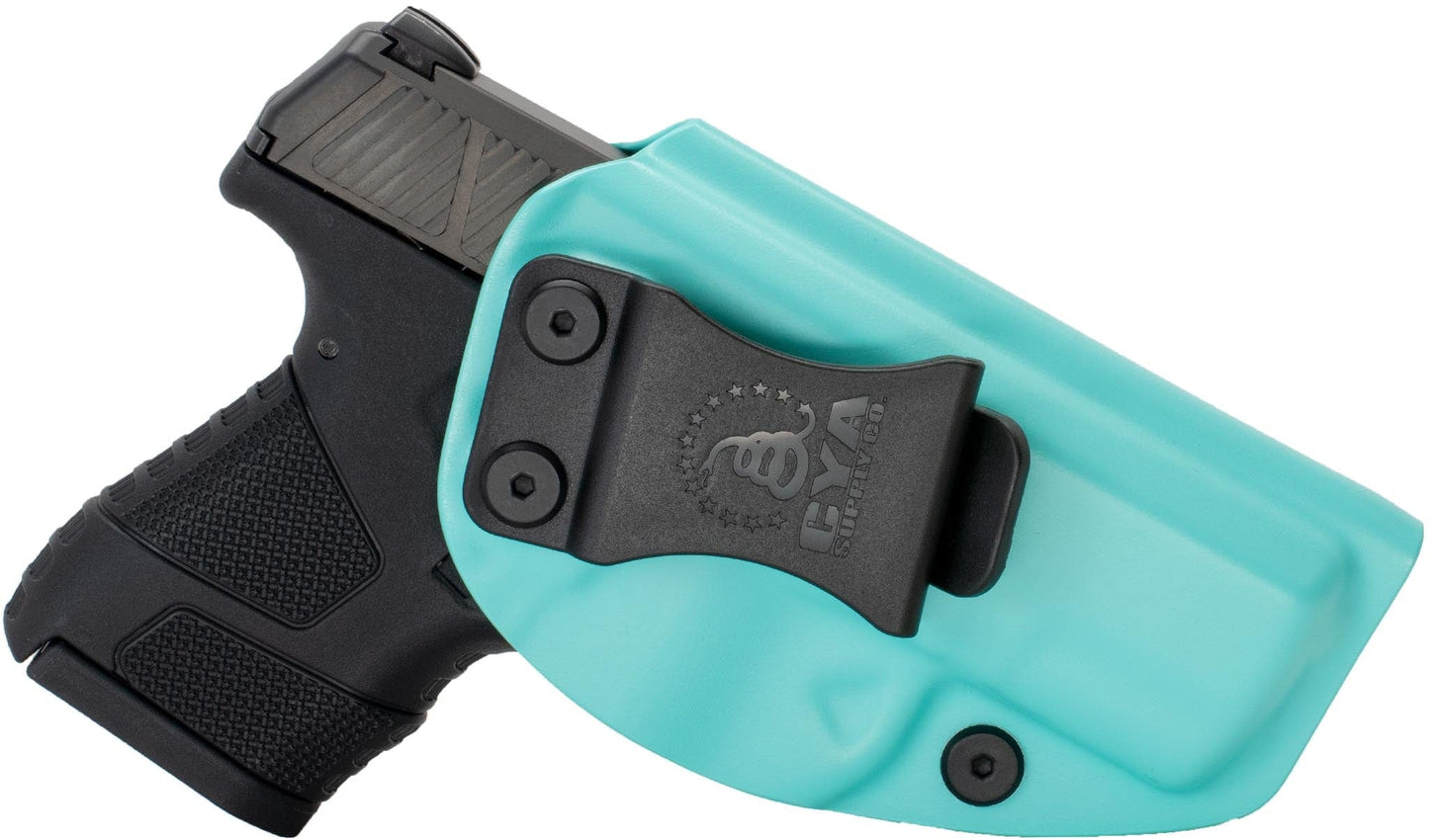 CYA teal blue Bsae IWB holster with a black clip on a black Mossberg MC1SC handgun
