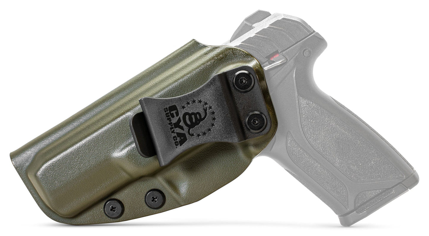 CYA PATH IWB Holster in od green with a black clip on a black ruger security 9 standard handgun