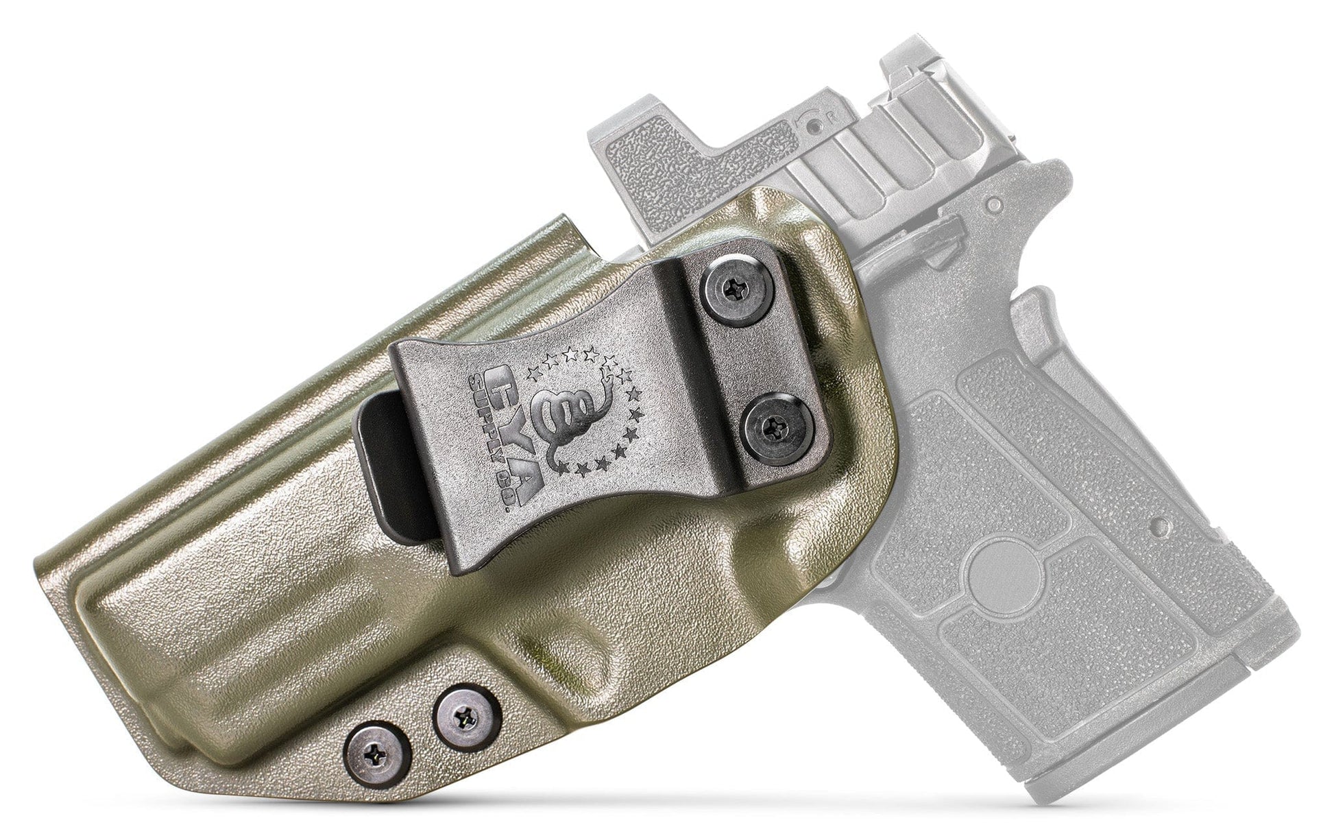 CYA base IWB Holster in od green with a black clip on a black Smith & Wesson Equalizer handgun