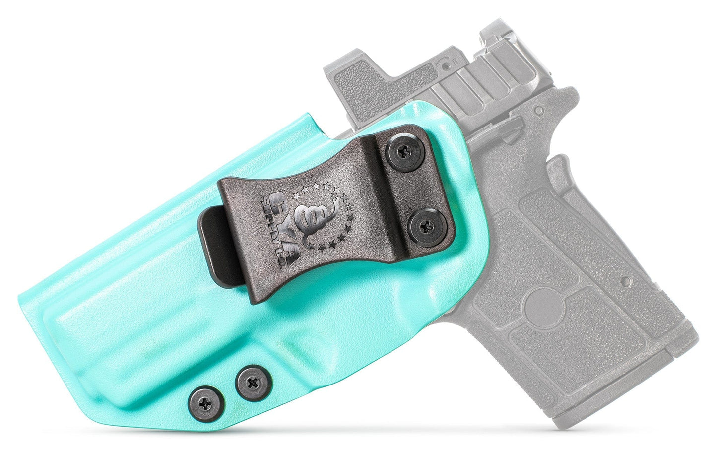 CYA base IWB Holster in teal blue with a black clip on a black Smith & Wesson Equalizer handgun
