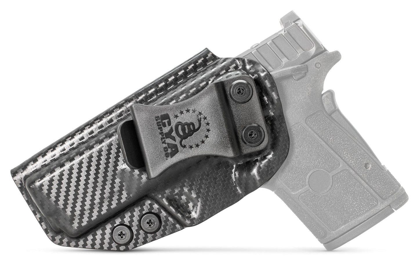 Base IWB Holster in carbon steel with a black clip on a black Smith & Wesson Equalizer