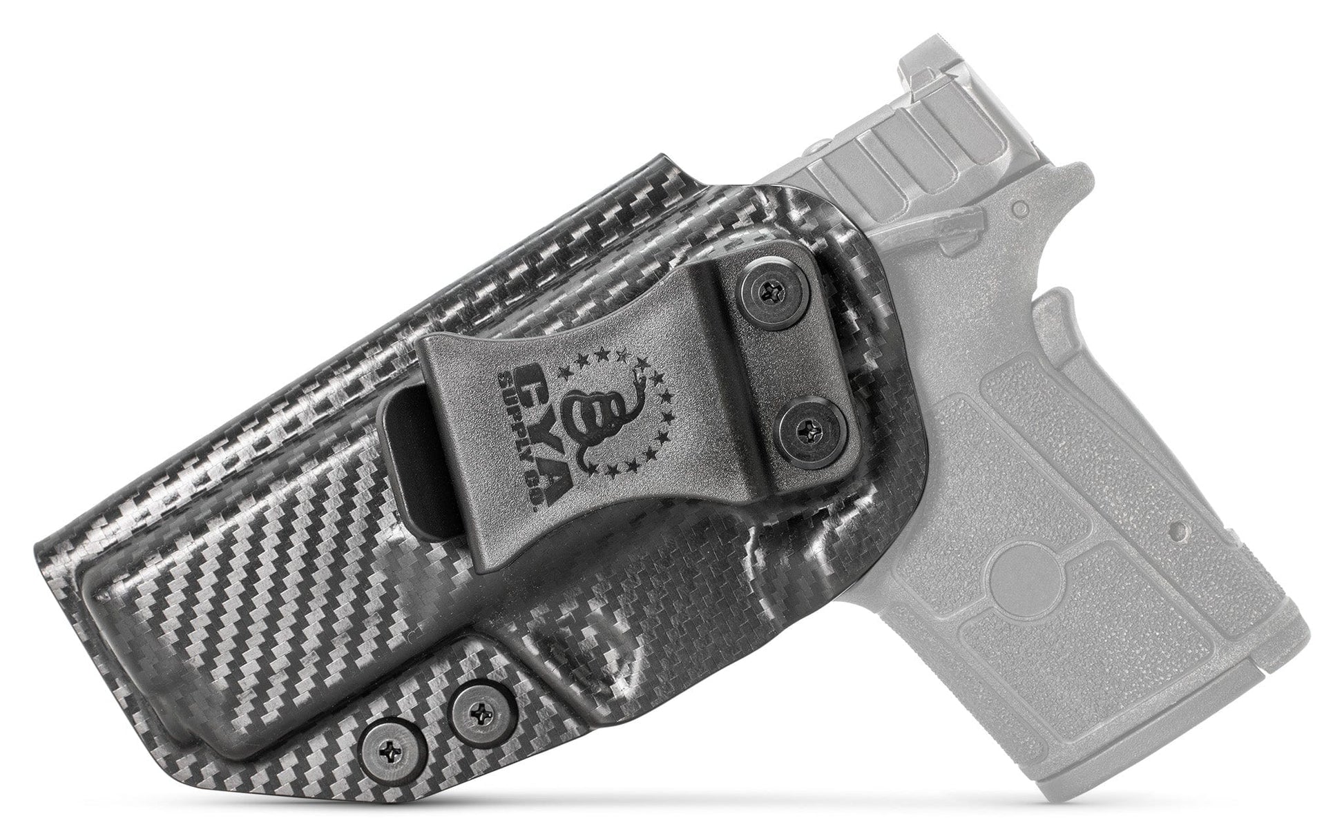 Base IWB Holster in carbon steel with a black clip on a black Smith & Wesson Equalizer