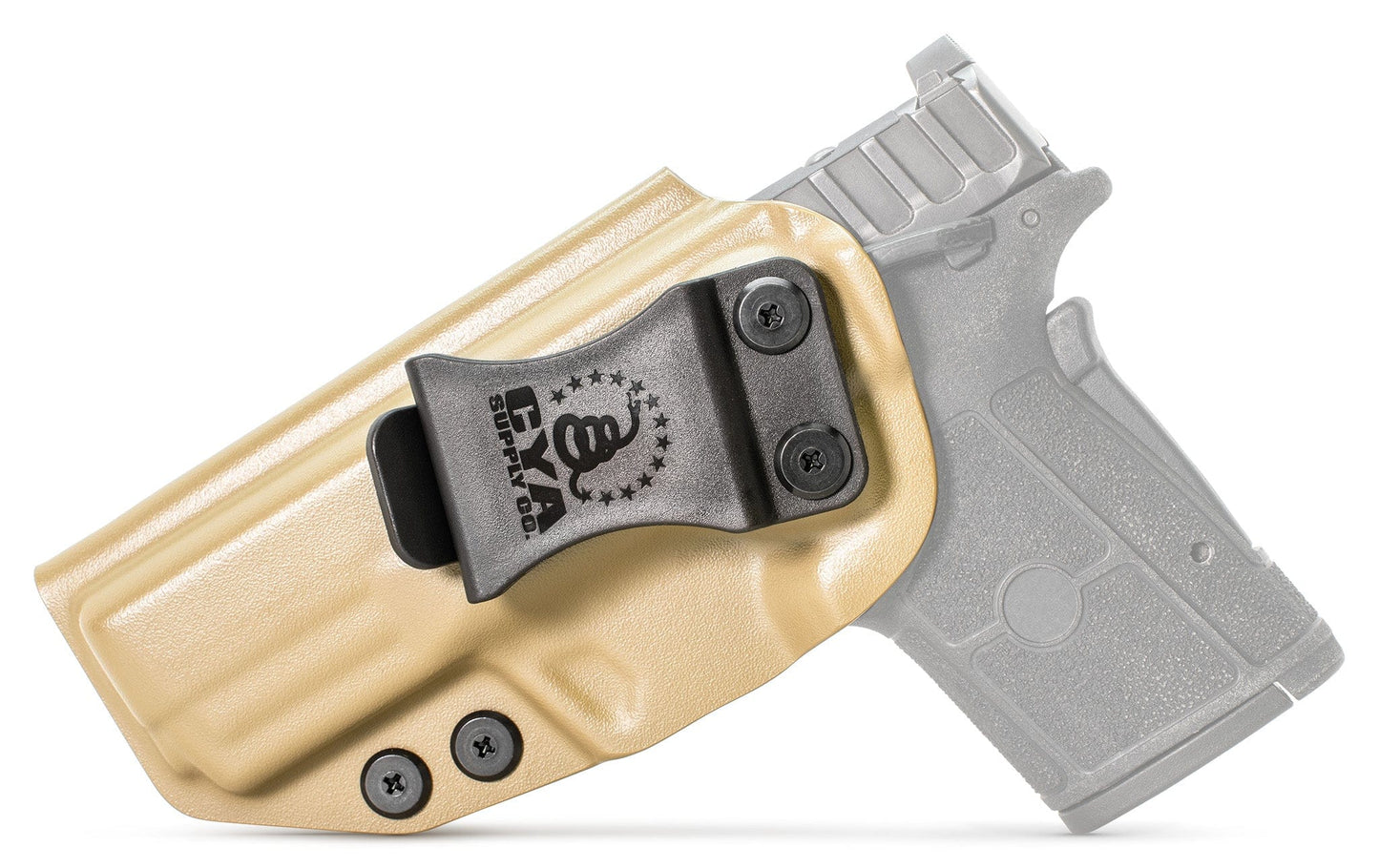 Base IWB Holster in flat dark earth with a black clip on a black Smith & Wesson Equalizer