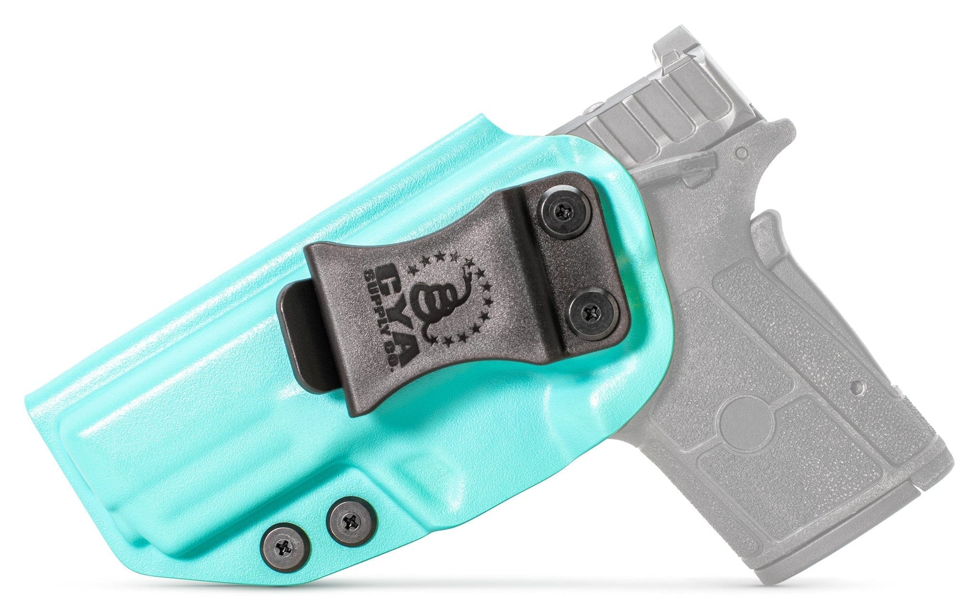 Base IWB Holster in teal blue with a black clip on a black Smith & Wesson Equalizer