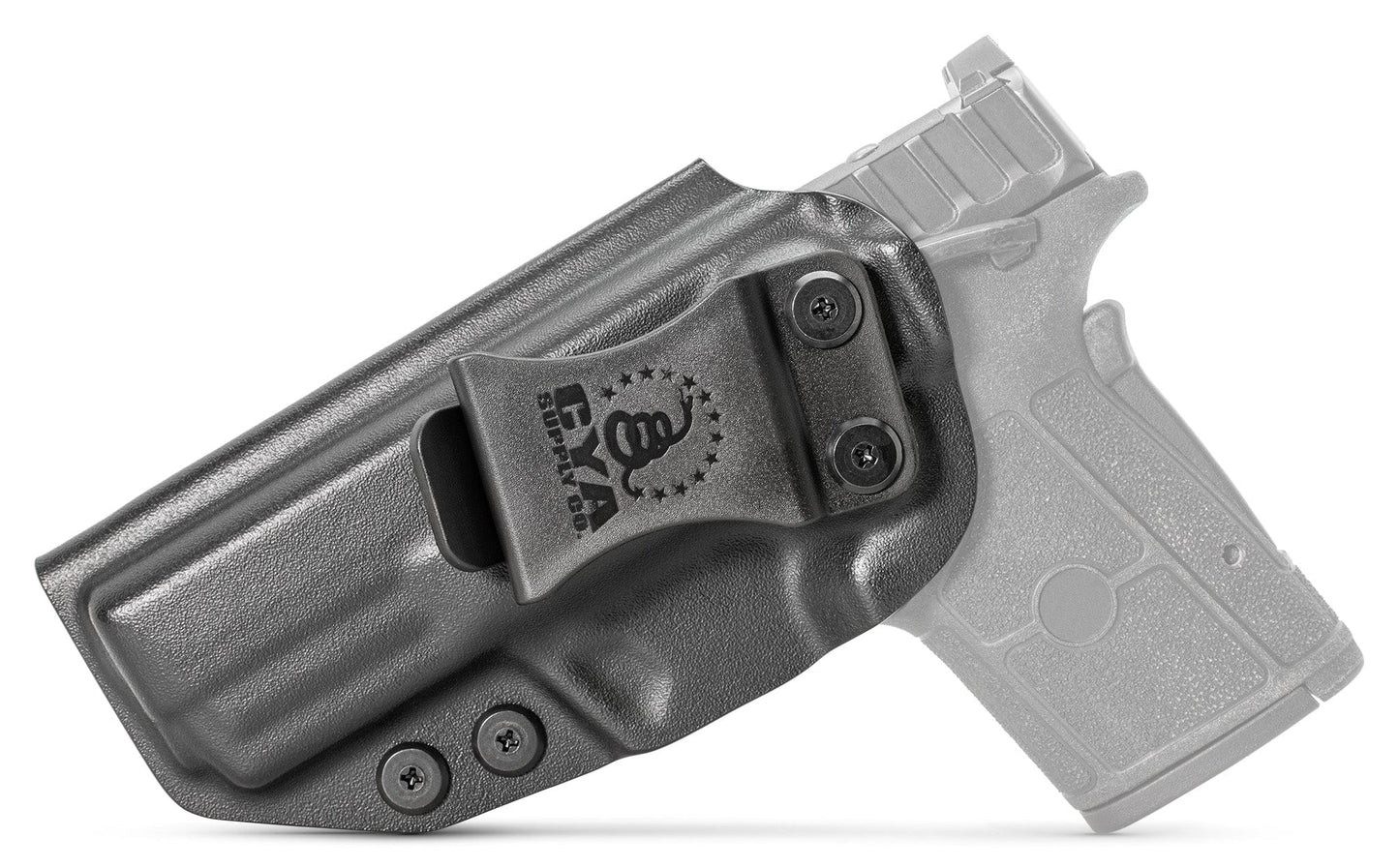 CYA base IWB Holster in black with a black clip on a black Smith & Wesson Equalizer handgun