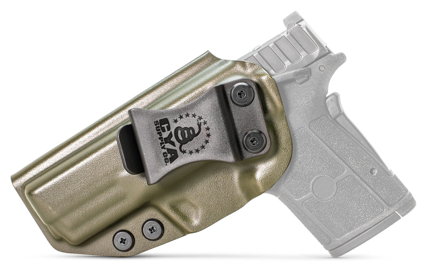 Base IWB Holster in od green with a black clip on a black Smith & Wesson Equalizer