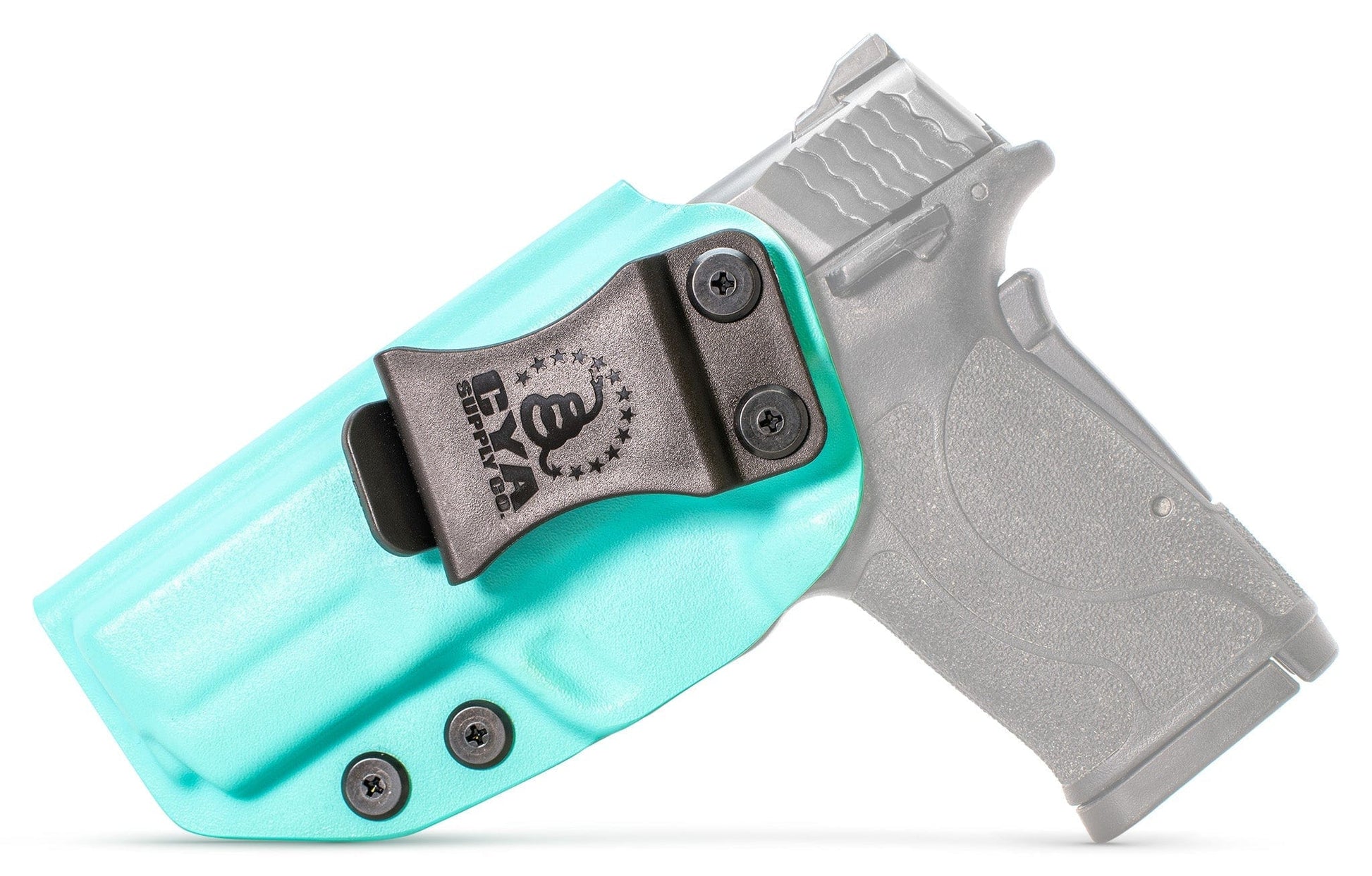CYA base IWB Holster in teal blue with a black clip on a black Smith & Wesson MP Shield EZ 30 handgun