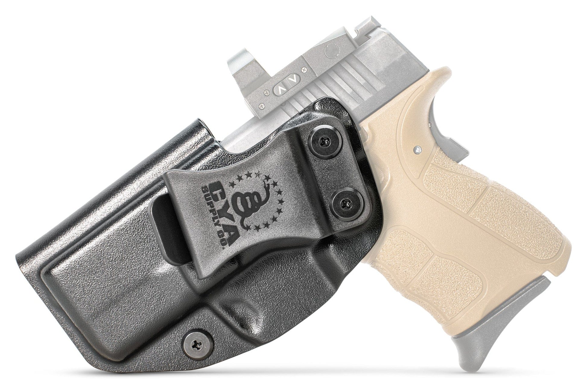 CYA Base IWB Full Size 3.3" Holster in black color on a tan colored Springfield XD-S