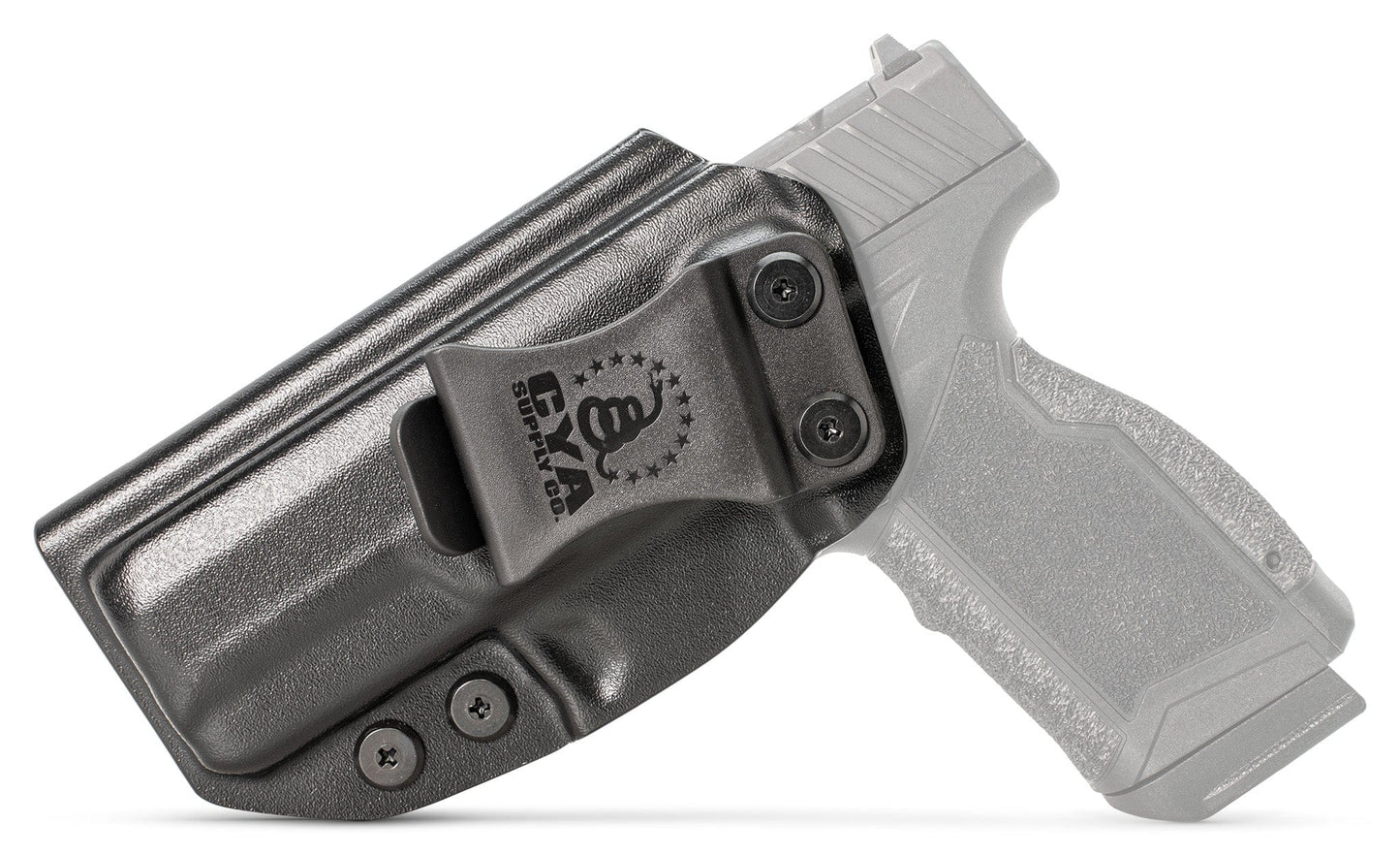 CYA Holster in flat dark earth with a black clip on a black Taurus GX4XL handgun