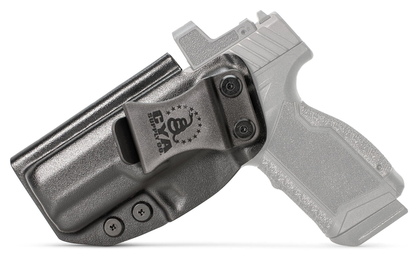 CYA Holster in black with a black clip on a black Taurus GX4XL handgun