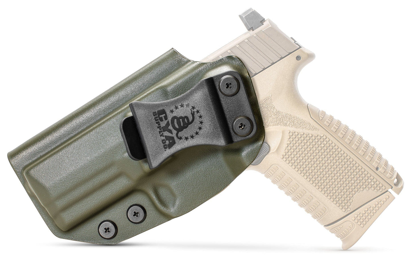 CYA od green holster with a black belt clip on a tan fn 509 midsize handgun