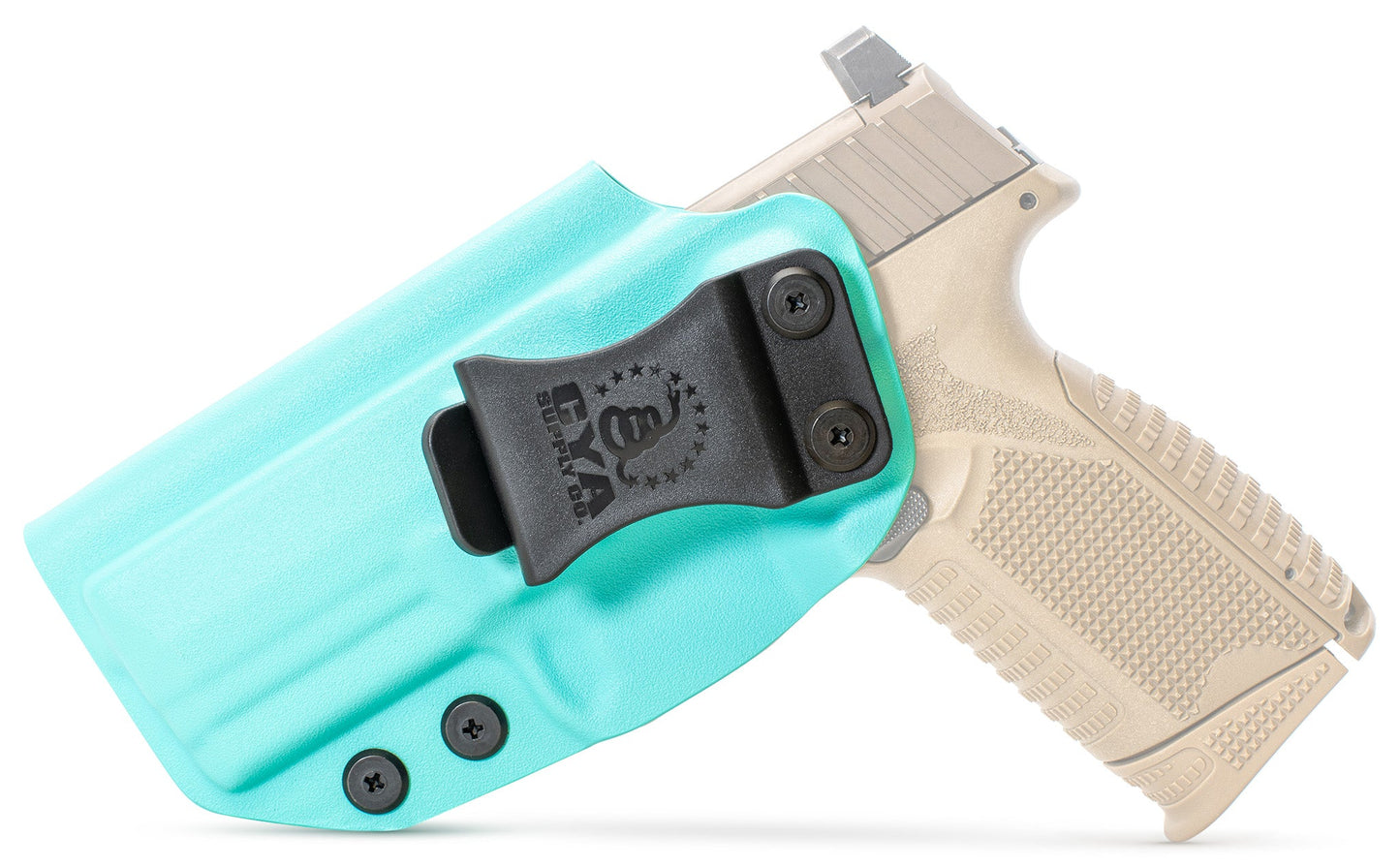 CYA black full size iwb holster with a black belt clip on a tan fn 509 midsize handgun