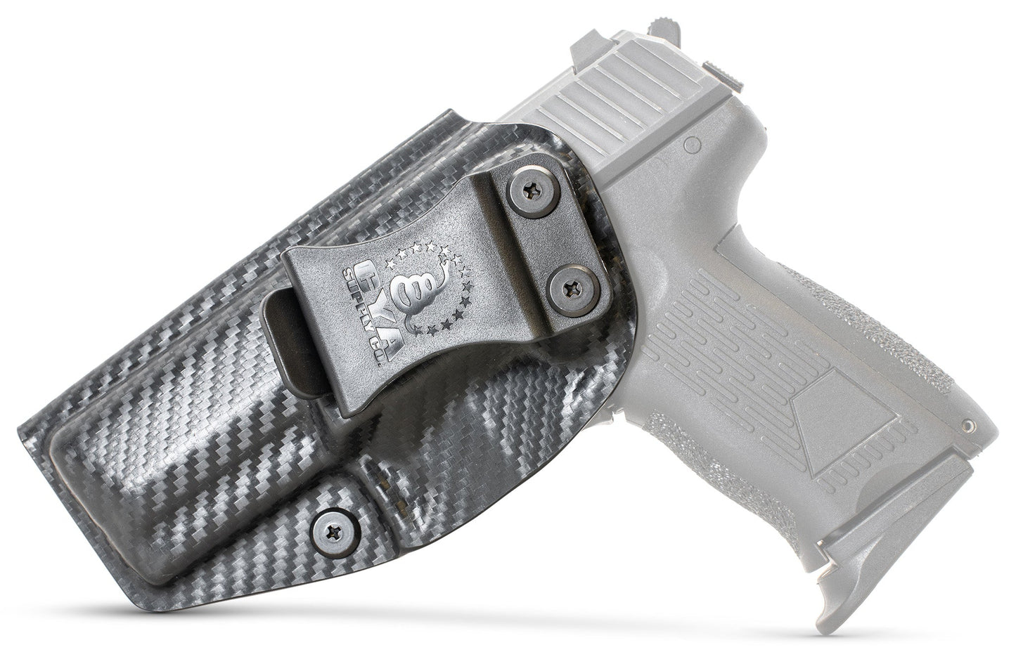 CYA carbon steel Base IWB holster with a black clip on a black hk p2000 handgun