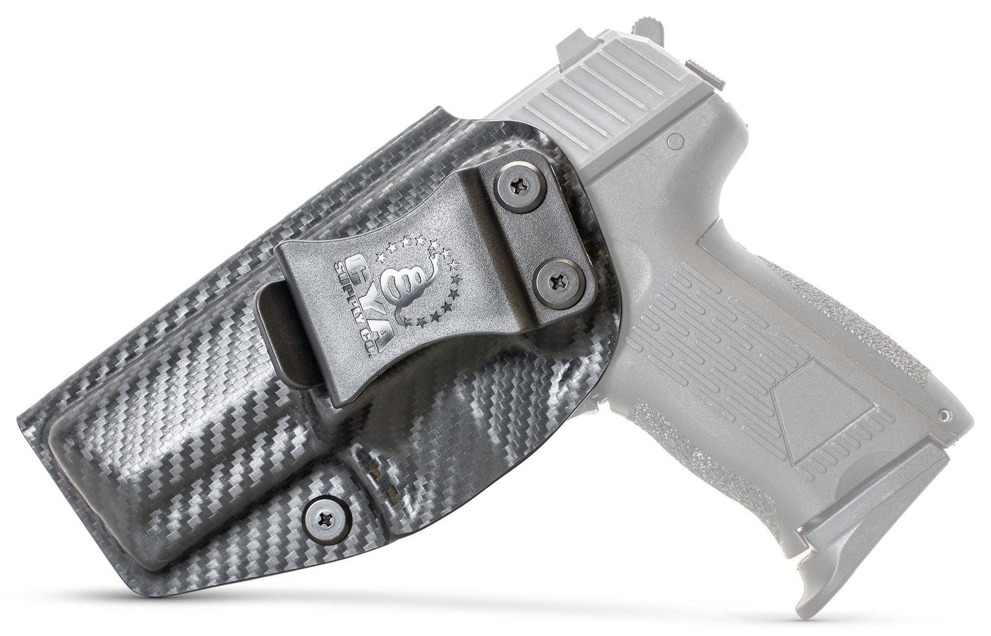 CYA carbon steel Base IWB holster with a black clip on a black hk p2000 handgun