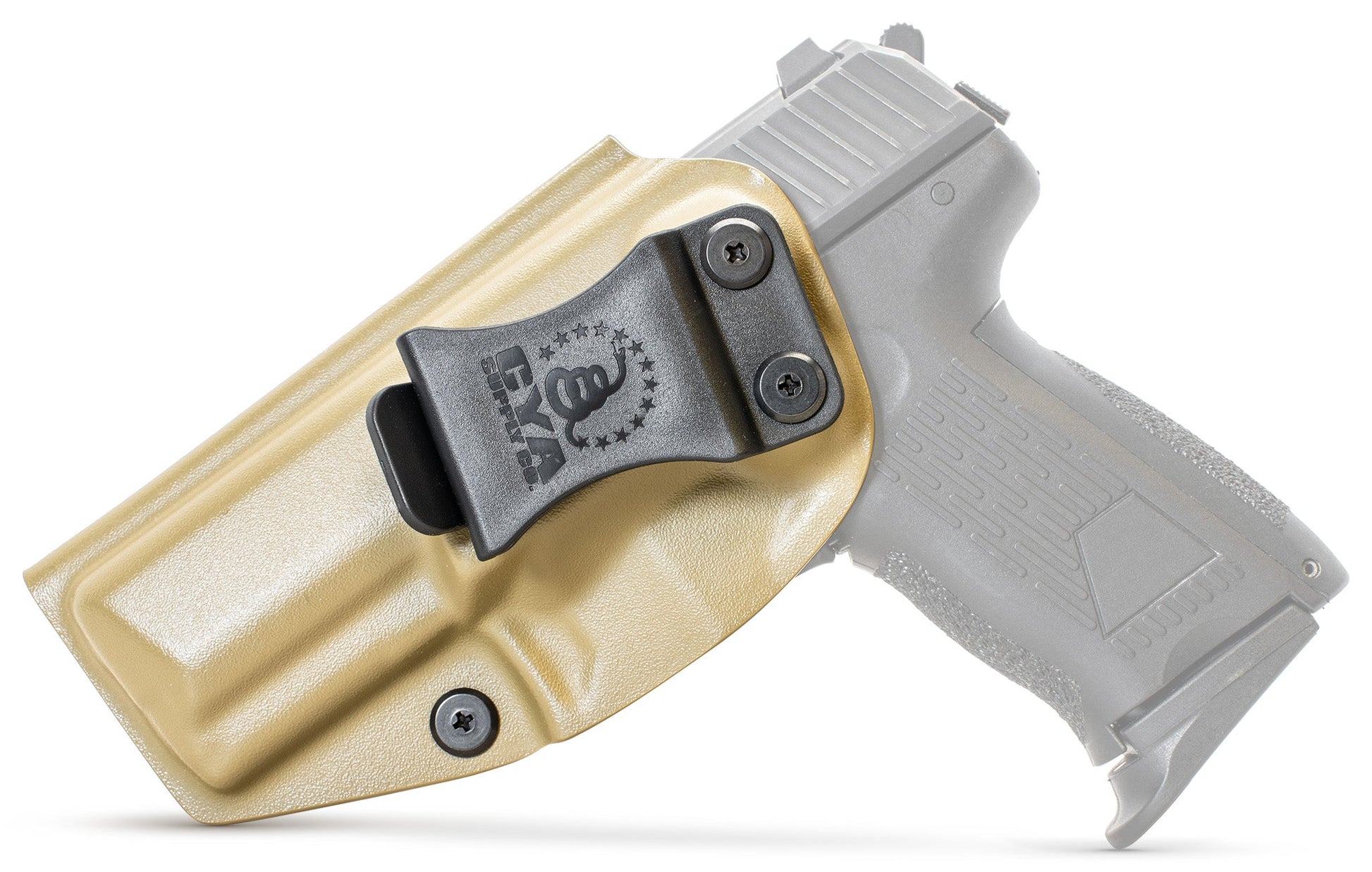 CYA flat dark earth Base IWB holster with a black clip on a black hk p2000 handgun