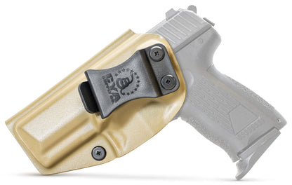 CYA flat dark earth Base IWB holster with a black clip on a black hk p2000 handgun