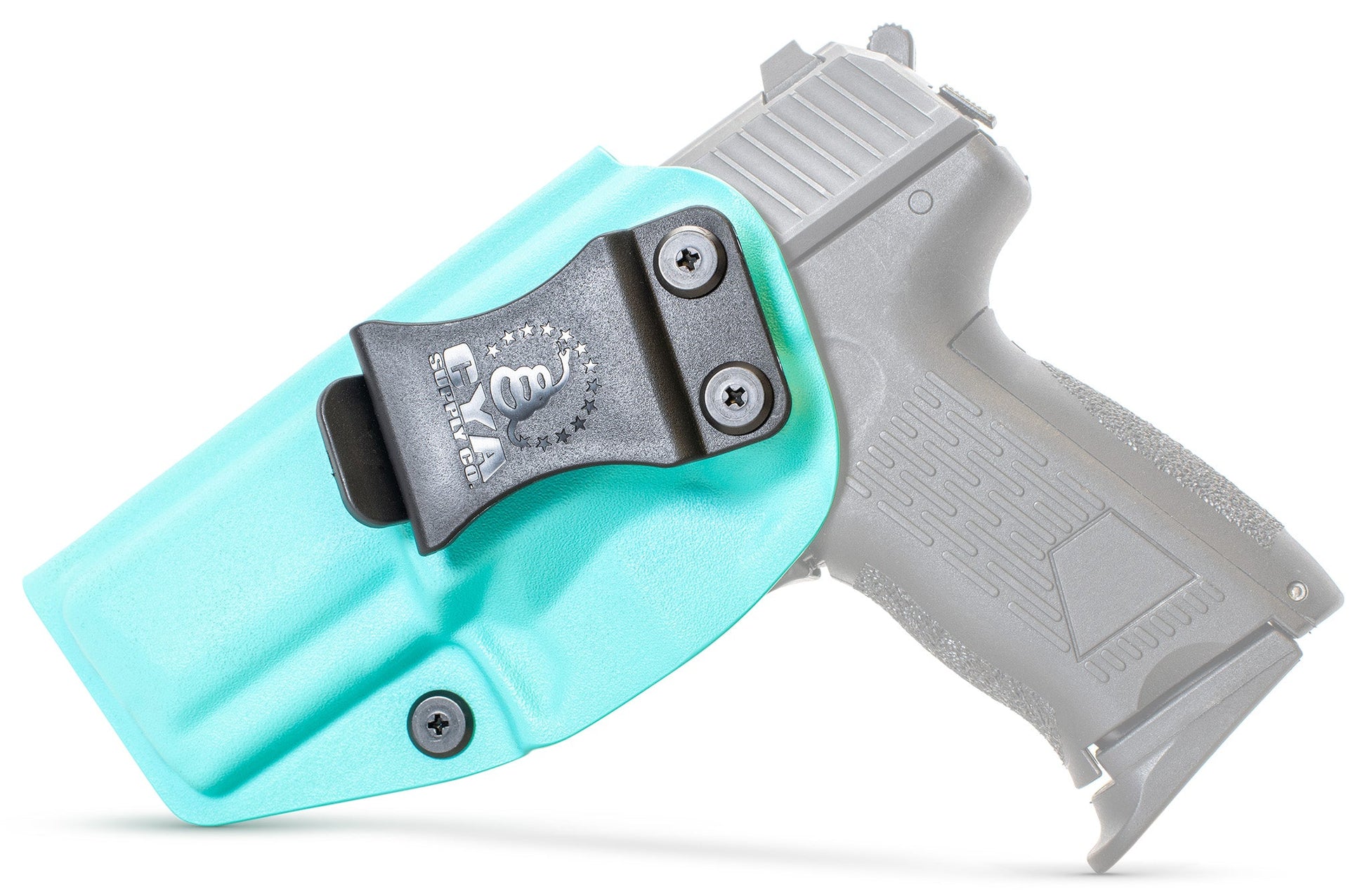 CYA teal blue Base IWB holster with a black clip on a black hk p2000 handgun