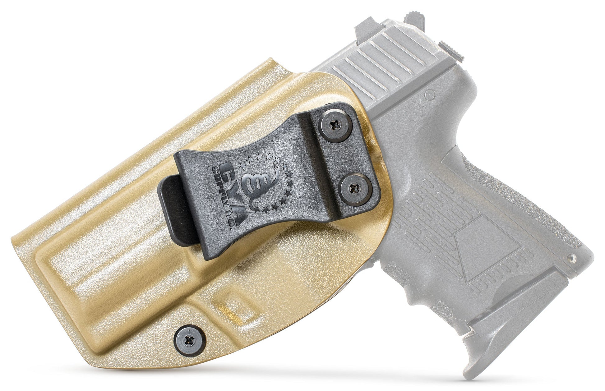 CYA flat dark earth Base IWB holster with a black clip on a black hk p2000 handgun