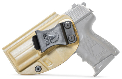 CYA flat dark earth Base IWB holster with a black clip on a black hk p2000 handgun