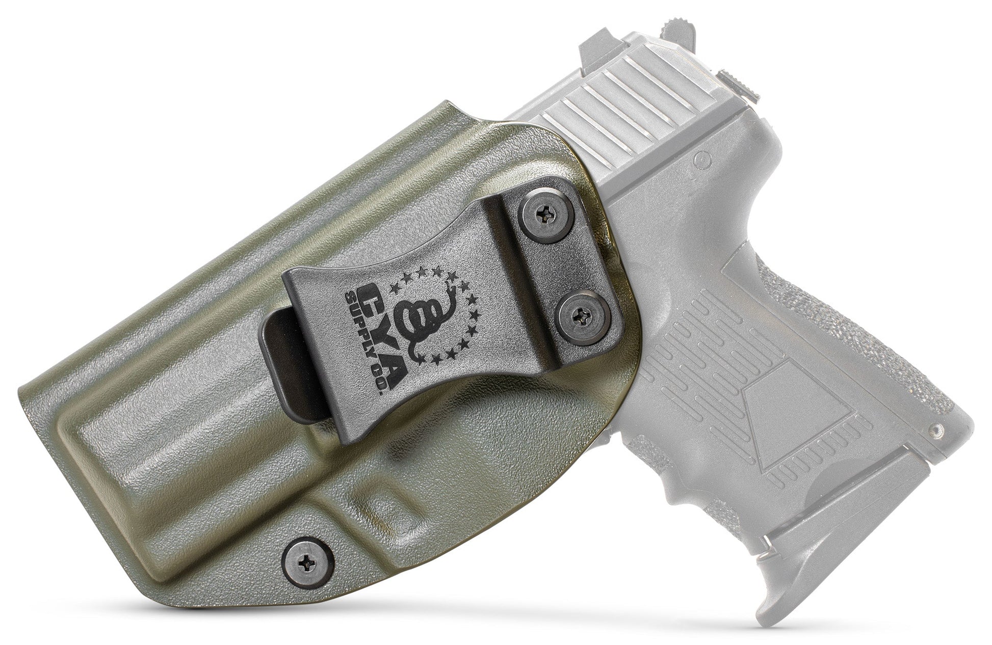 CYA od green Base IWB holster with a black clip on a black hk p2000 handgun