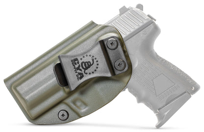 CYA od green Base IWB holster with a black clip on a black hk p2000 handgun
