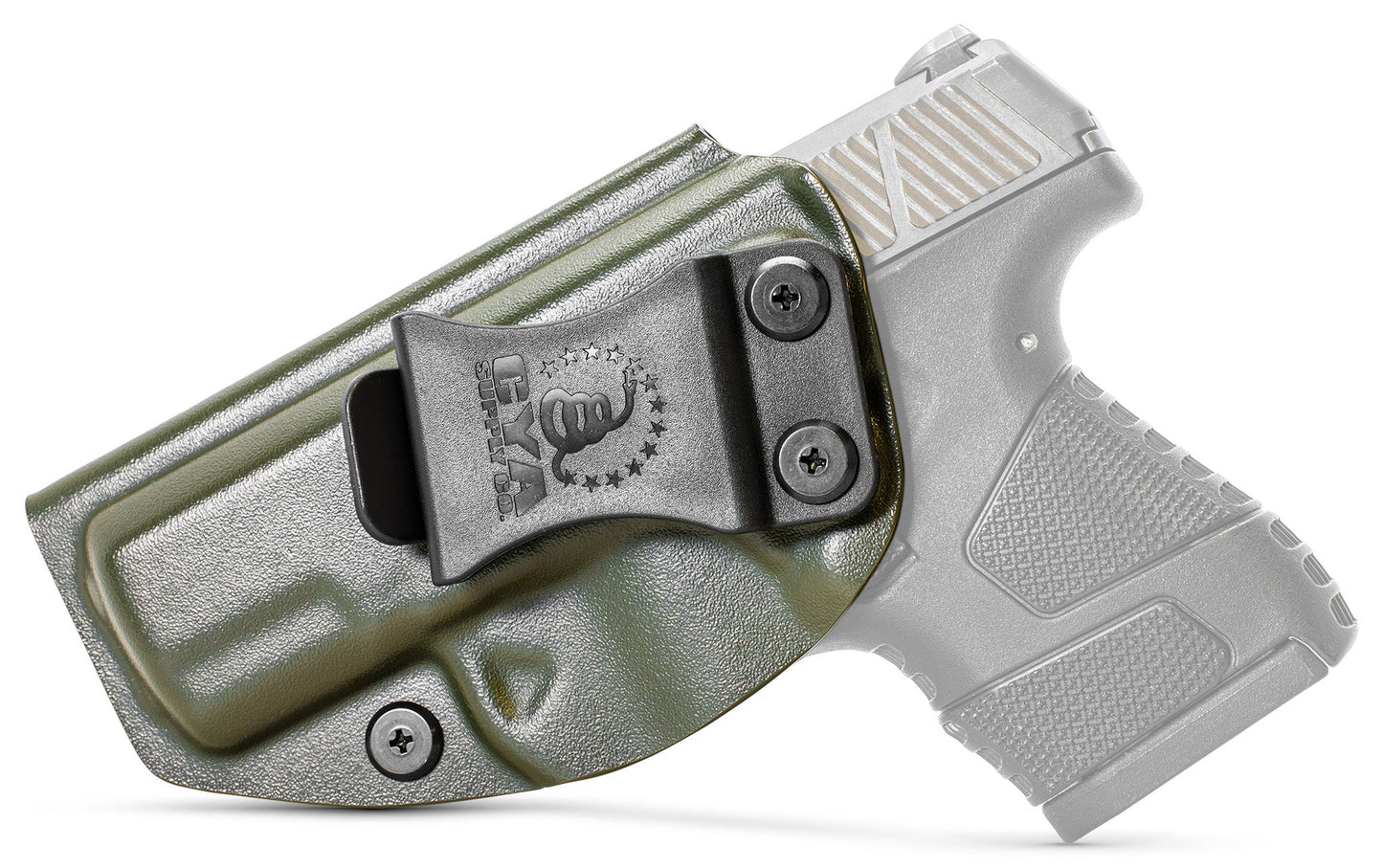 CYA od green Base IWB holster with a black clip on a black Mossberg MC1SC handgun