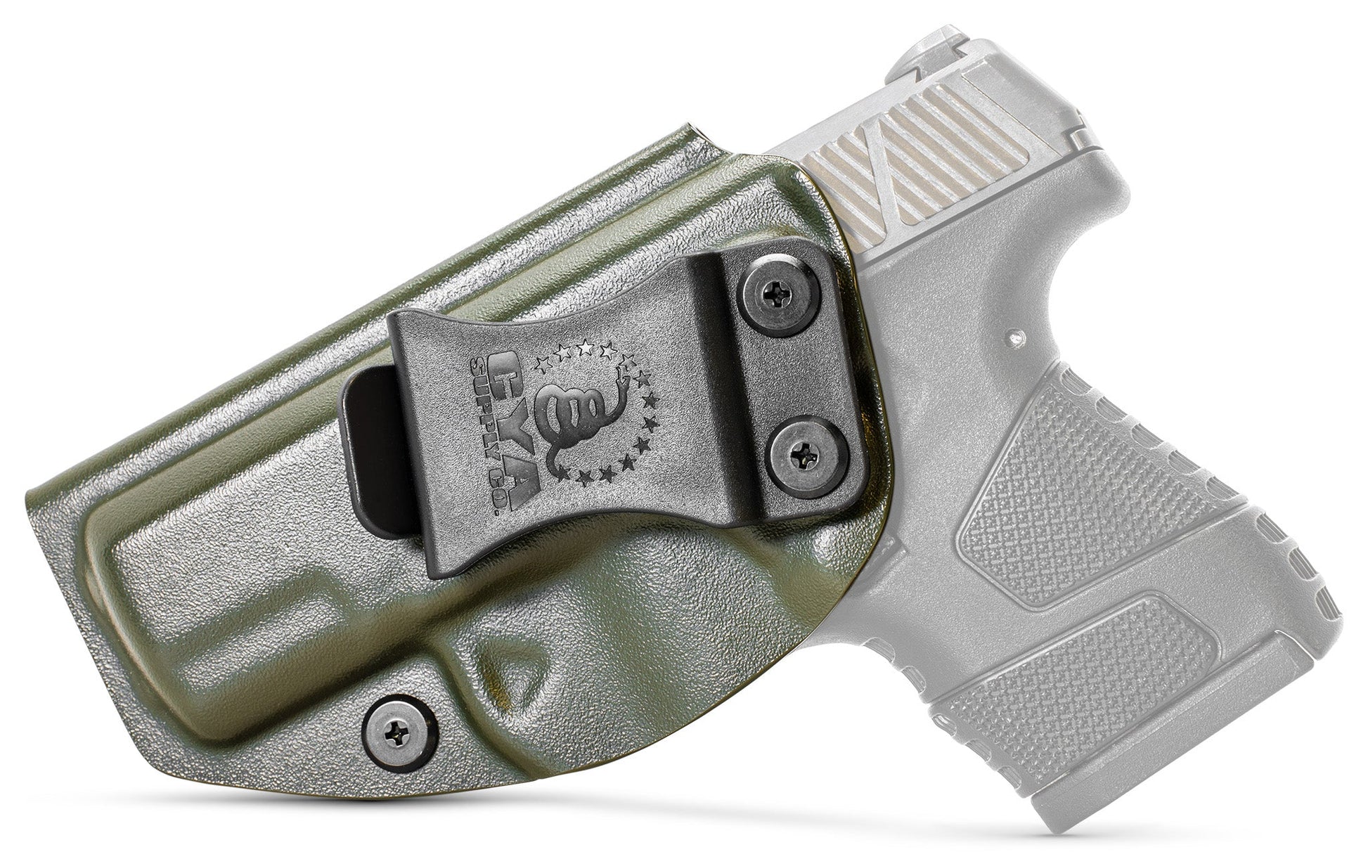 CYA od green Base IWB holster with a black clip on a black Mossberg MC1SC handgun