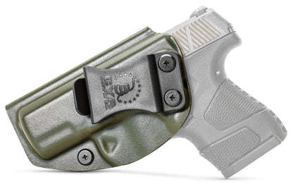 CYA od green Base IWB holster with a black clip on a black Mossberg MC1SC handgun