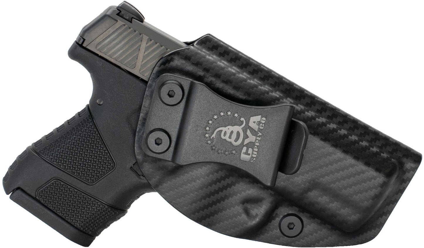 CYA carbon steel Base IWB holster with a black clip on a black Mossberg MC1SC handgun