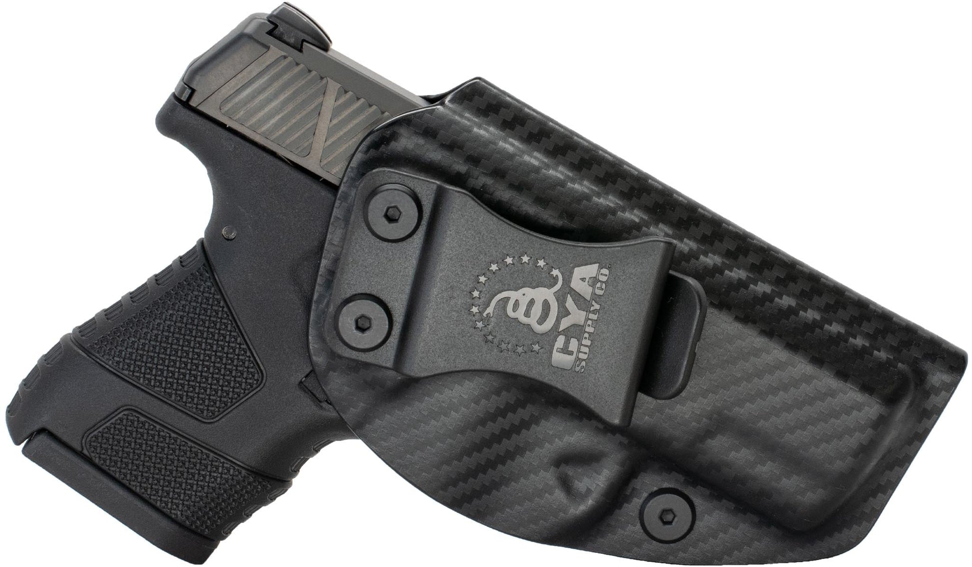 CYA carbon steel Base IWB holster with a black clip on a black Mossberg MC1SC handgun