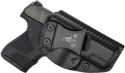 CYA carbon steel Base IWB holster with a black clip on a black Mossberg MC1SC handgun
