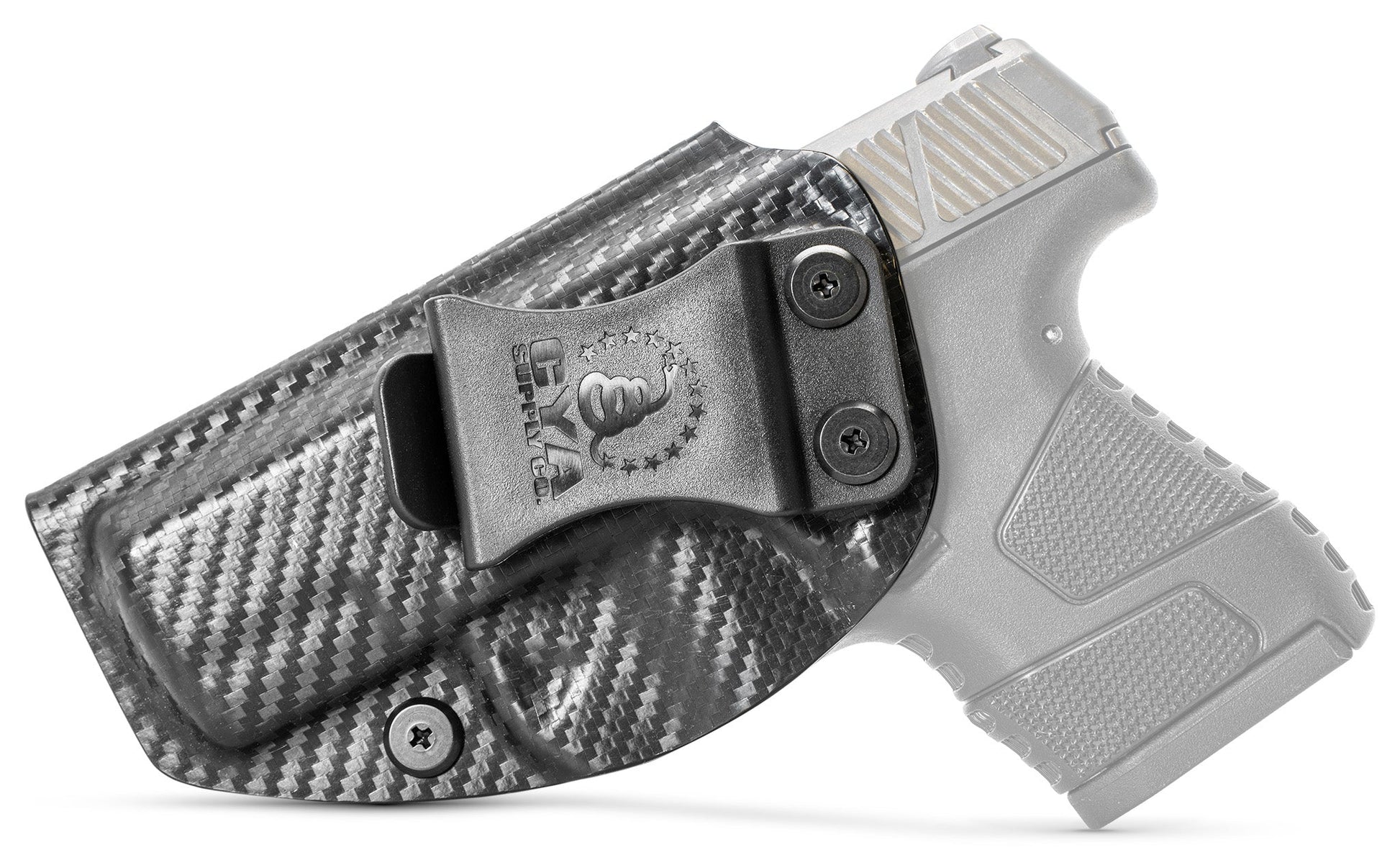 CYA carbon steel Base IWB holster with a black clip on a black Mossberg MC1SC handgun