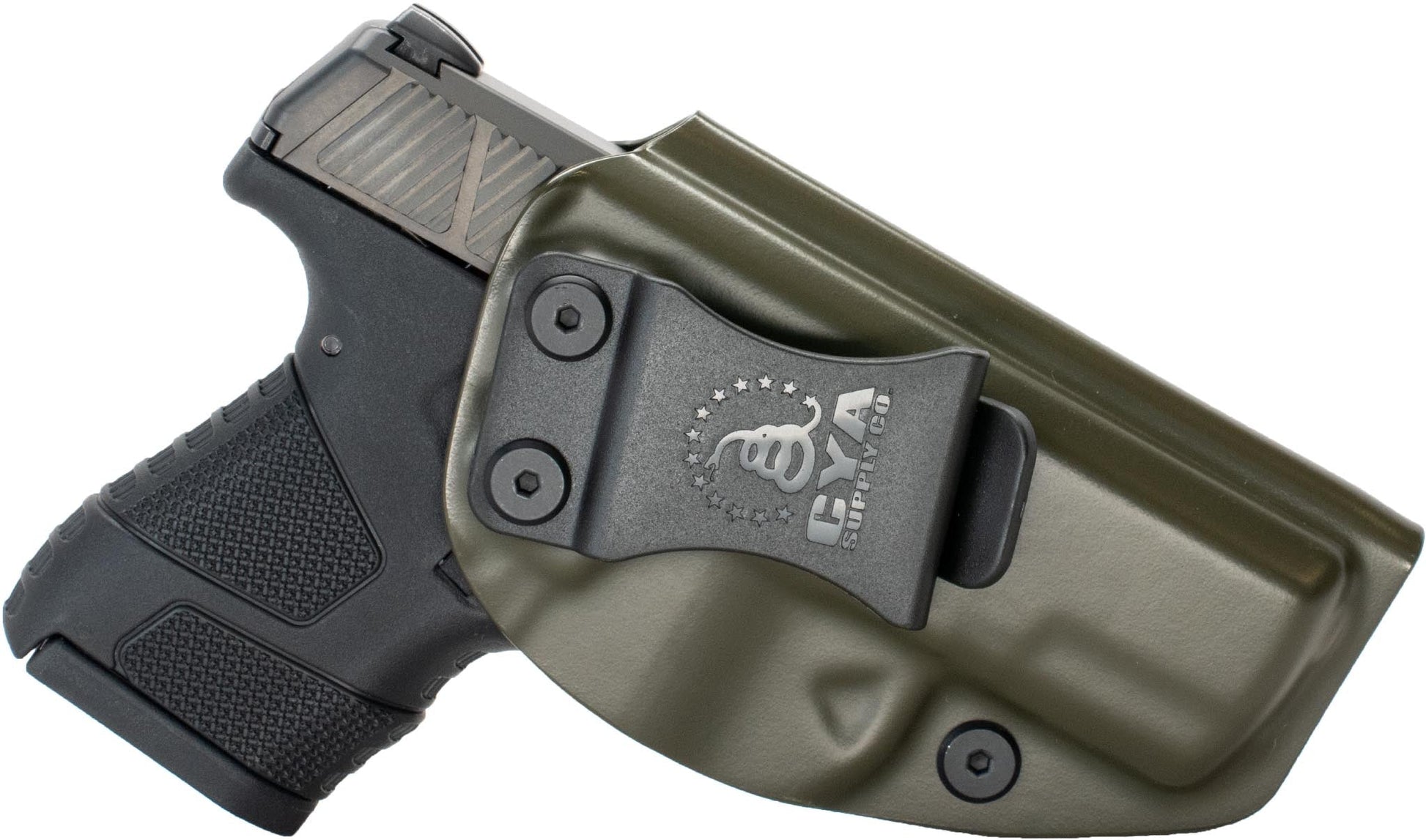 CYA od green Base IWB holster with a black clip on a black Mossberg MC1SC handgun