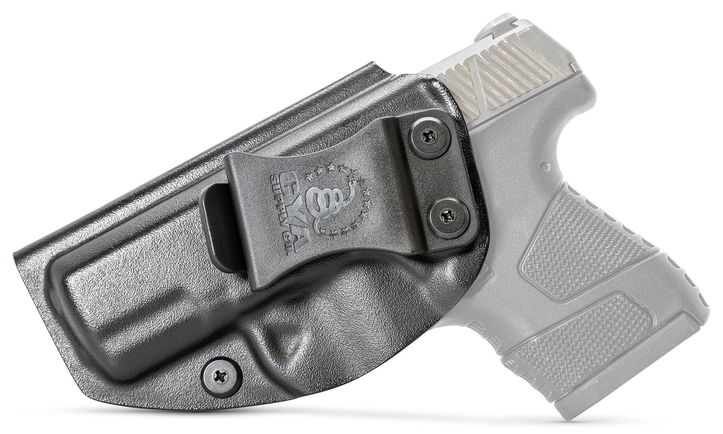 CYA black Base IWB holster with a black clip on a black Mossberg MC1SC handgun