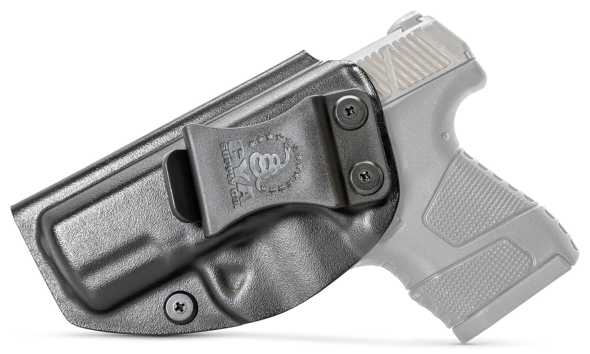 CYA black Base IWB holster with a black clip on a black Mossberg MC1SC handgun