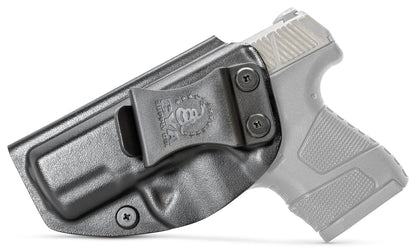 CYA black Base IWB holster with a black clip on a black Mossberg MC1SC handgun