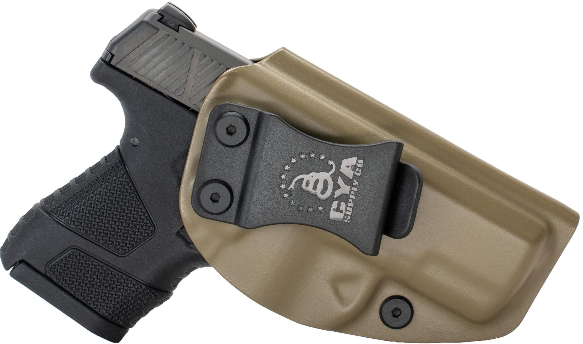 CYA flat dark earth Base IWB holster with a black clip on a black Mossberg MC1SC handgun
