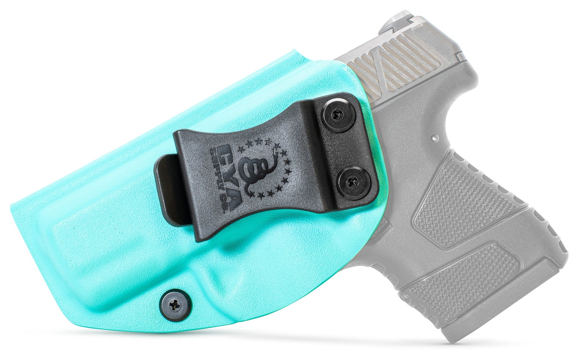 CYA teal blue Bsae IWB holster with a black clip on a black Mossberg MC1SC handgun