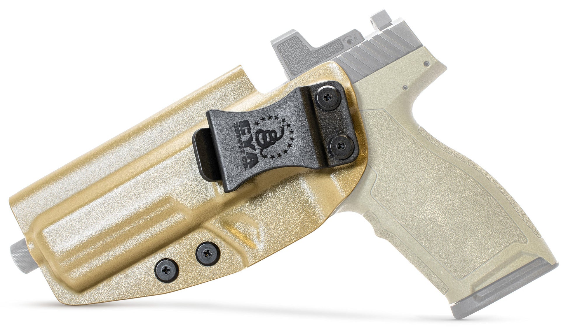 CYA flat dark earth Base IWB holster with a black clip on a olive green psa 57 rock handgun