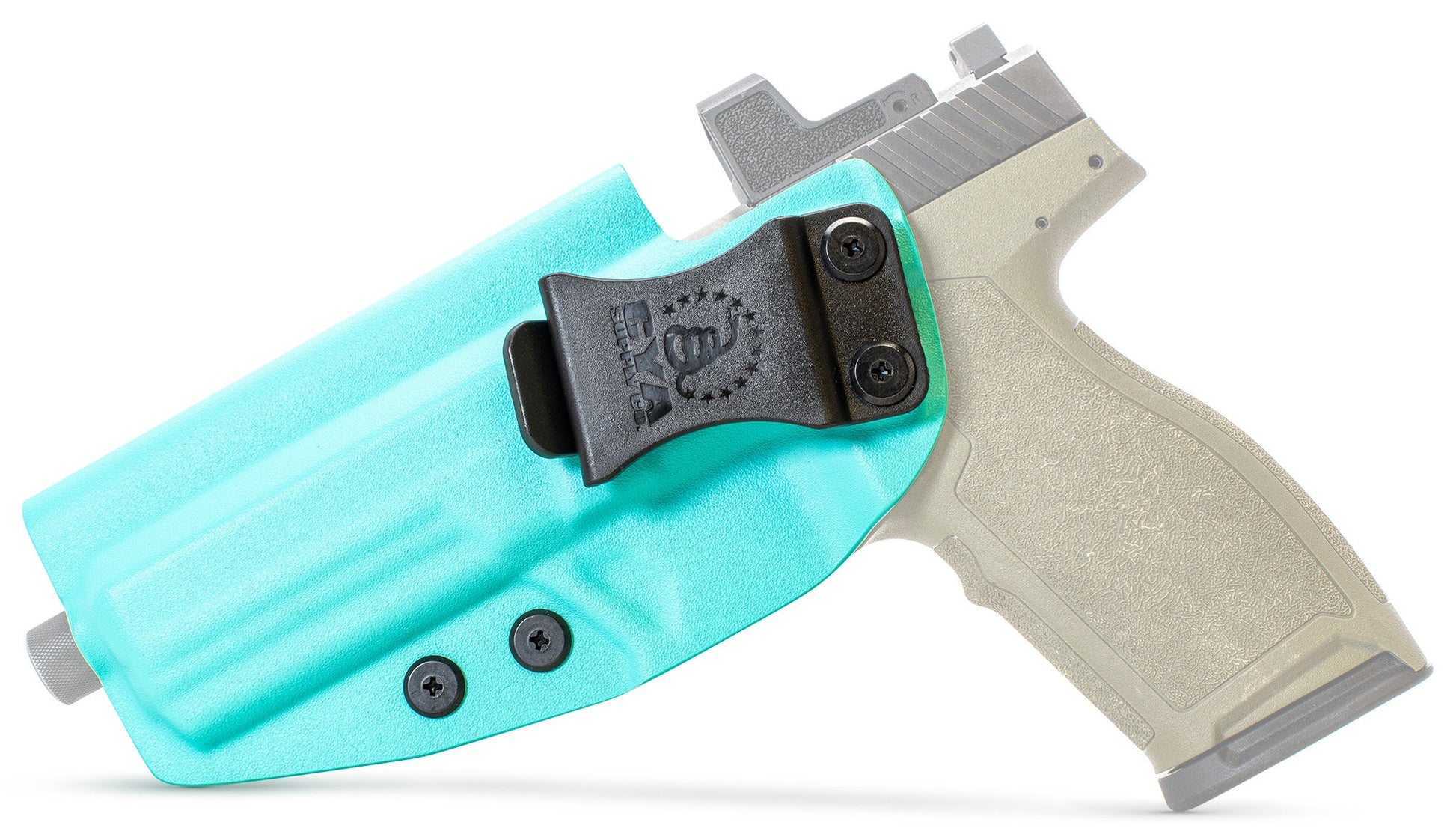 CYA teal blue Base IWB holster with a black clip on a olive green psa 57 rock handgun