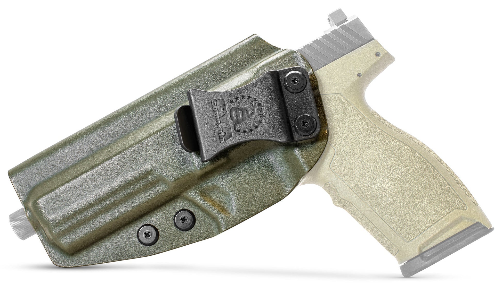 CYA od green Base IWB holster with a black clip on a olive green psa 57 rock handgun