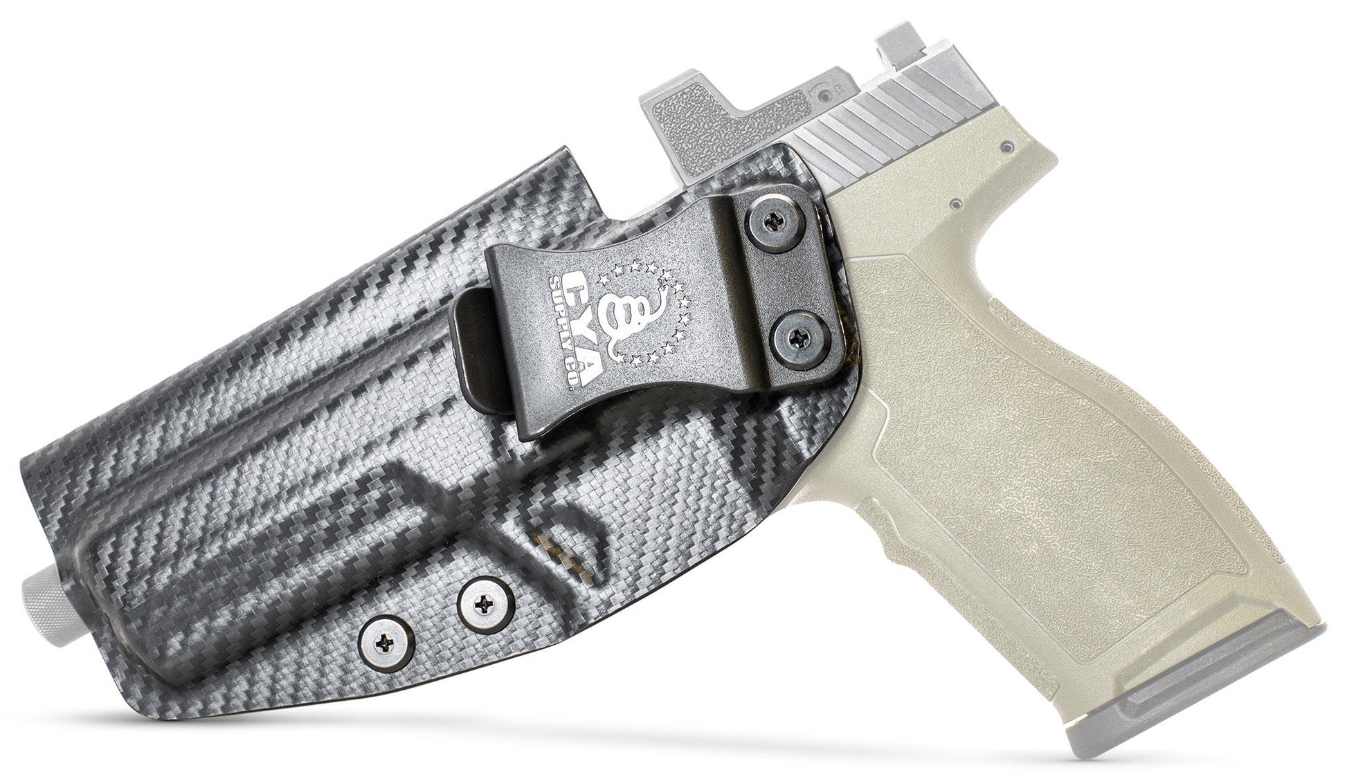 CYA carbon steel Base IWB holster with a black clip on a olive green psa 57 rock handgun