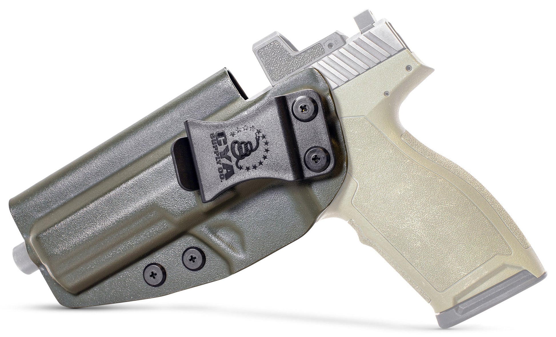 CYA od green Base IWB holster with a black clip on a olive green psa 57 rock handgun